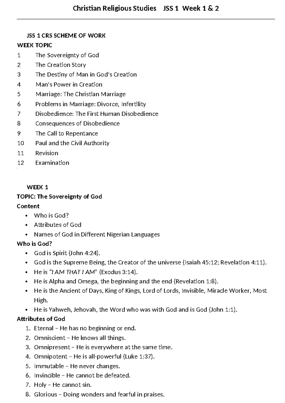 Christian Religious Studies JSS 1 Week 1 & 2 Scheme of Work - Studocu
