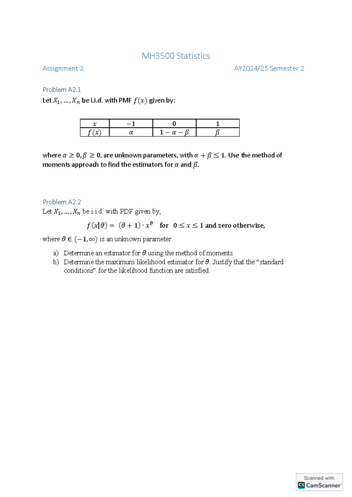 MH3500 Assignment 02 2 - MH3500 Statistics Assignment 2 AY2024/25 ...