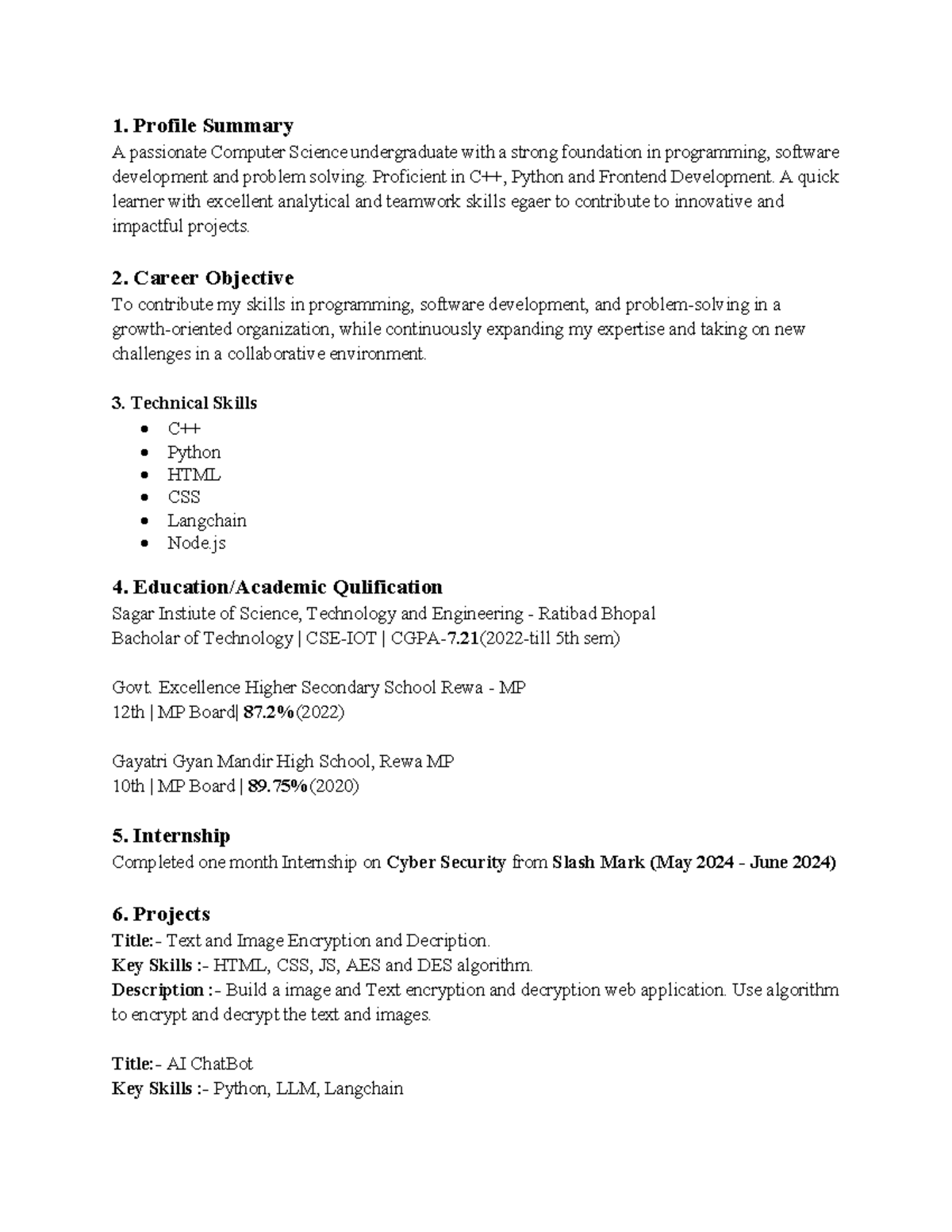 Resume for harsh: Computer science undergraduate with skills in ...
