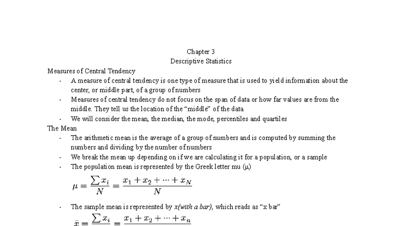 Chapter 3: Descriptive Stats - Measures of Central Tendency - Studocu