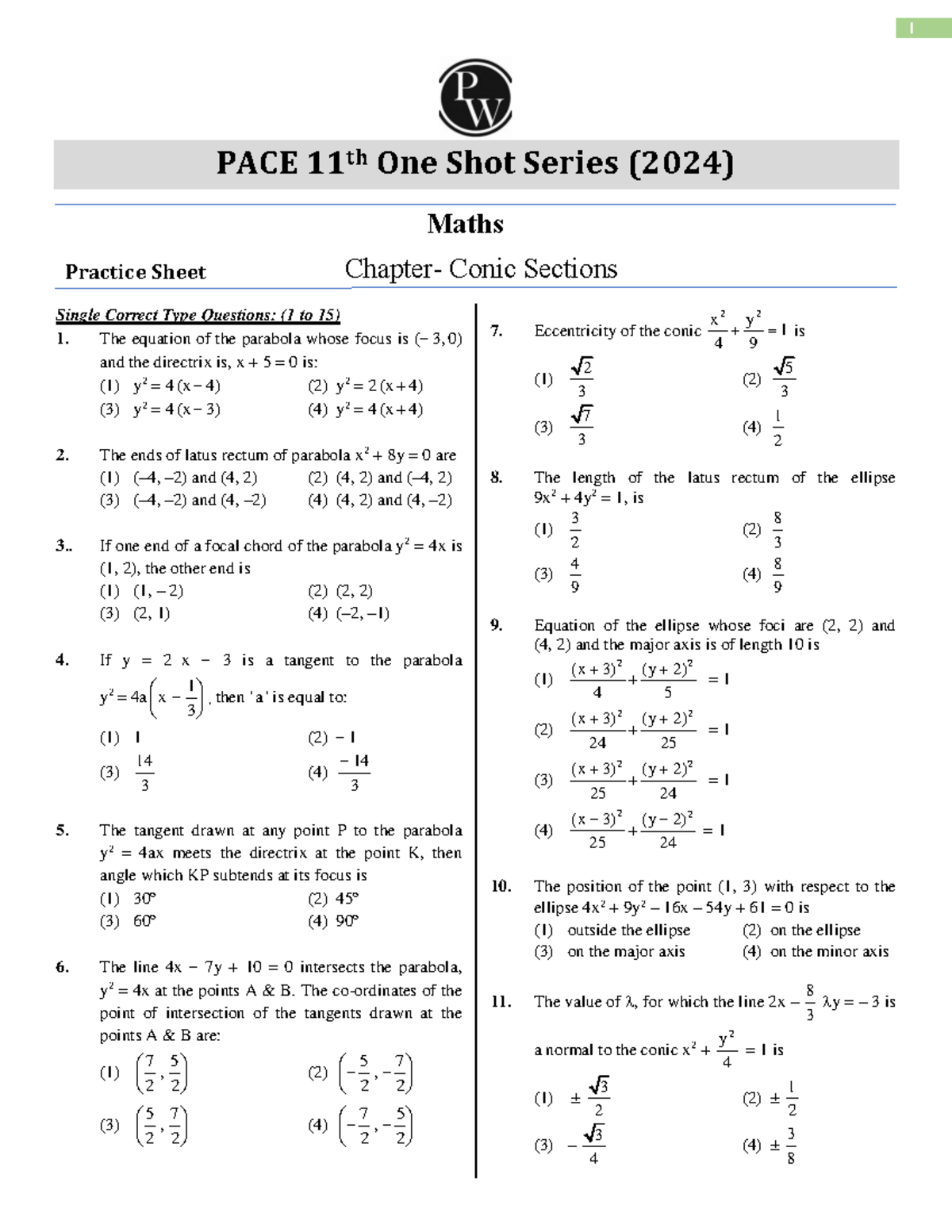 Conic Section Practice Sheet PACE Class - 11TH ONE SHOT Series - PACE ...