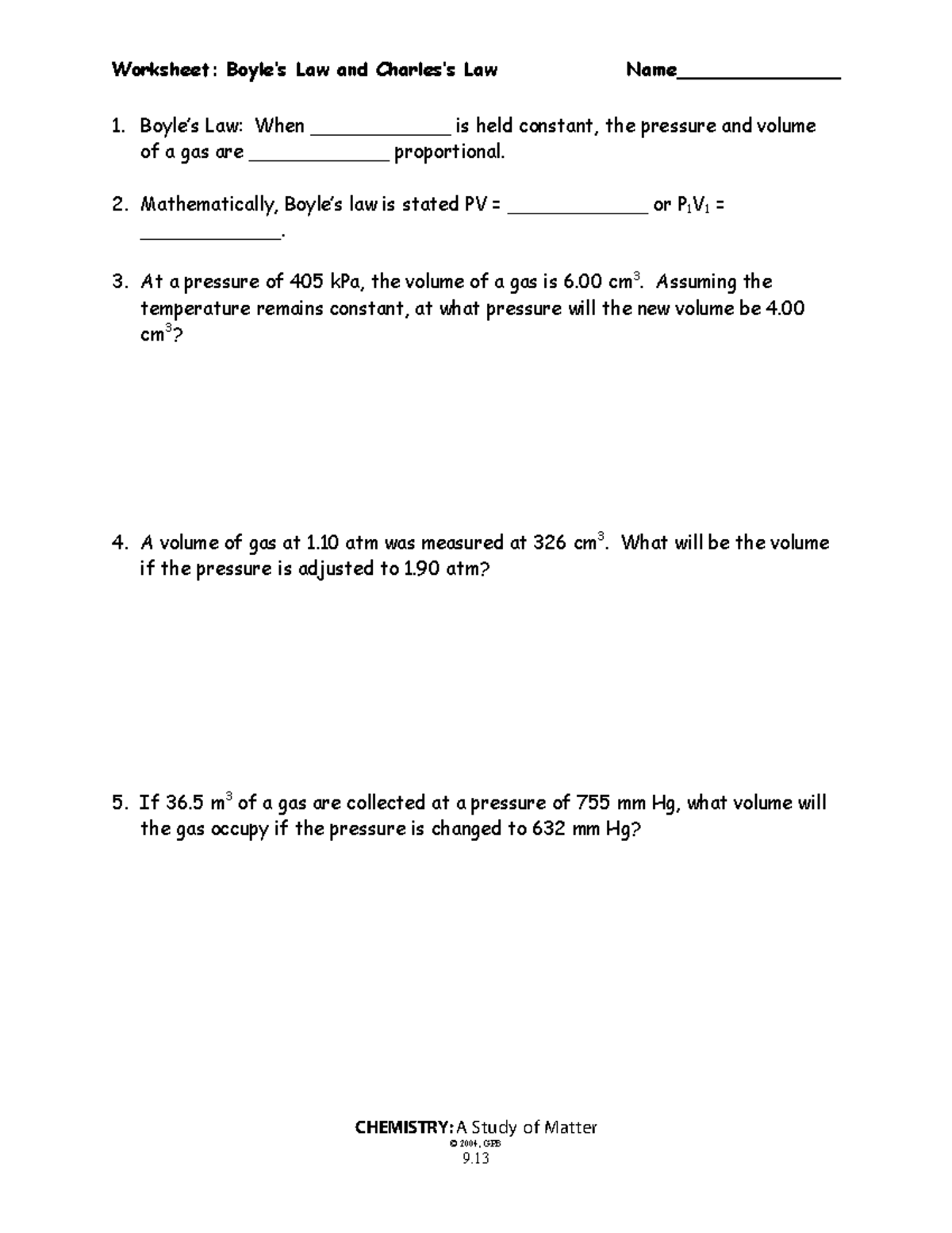 Boyle's and Charles's Law Worksheet for Chemistry Class - Studocu