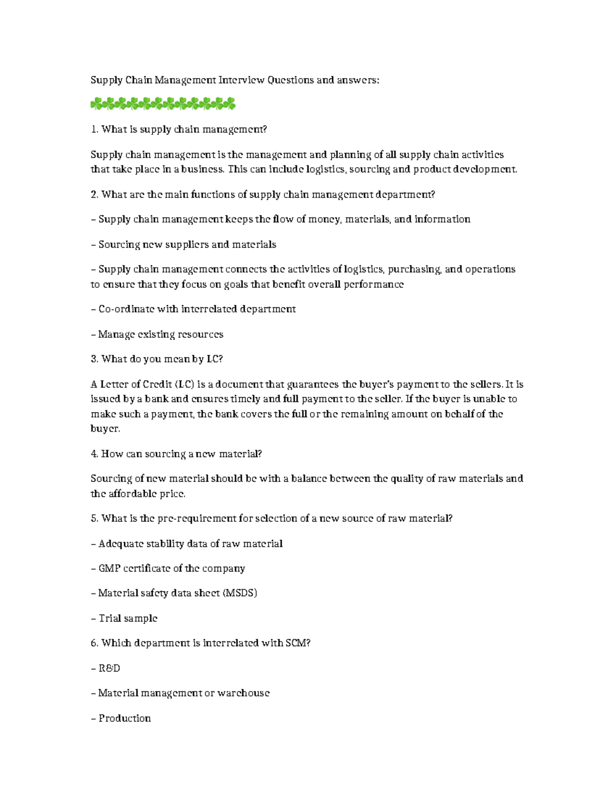 Supply Chain Management Interview Q&A: Key Concepts & Strategies - Studocu