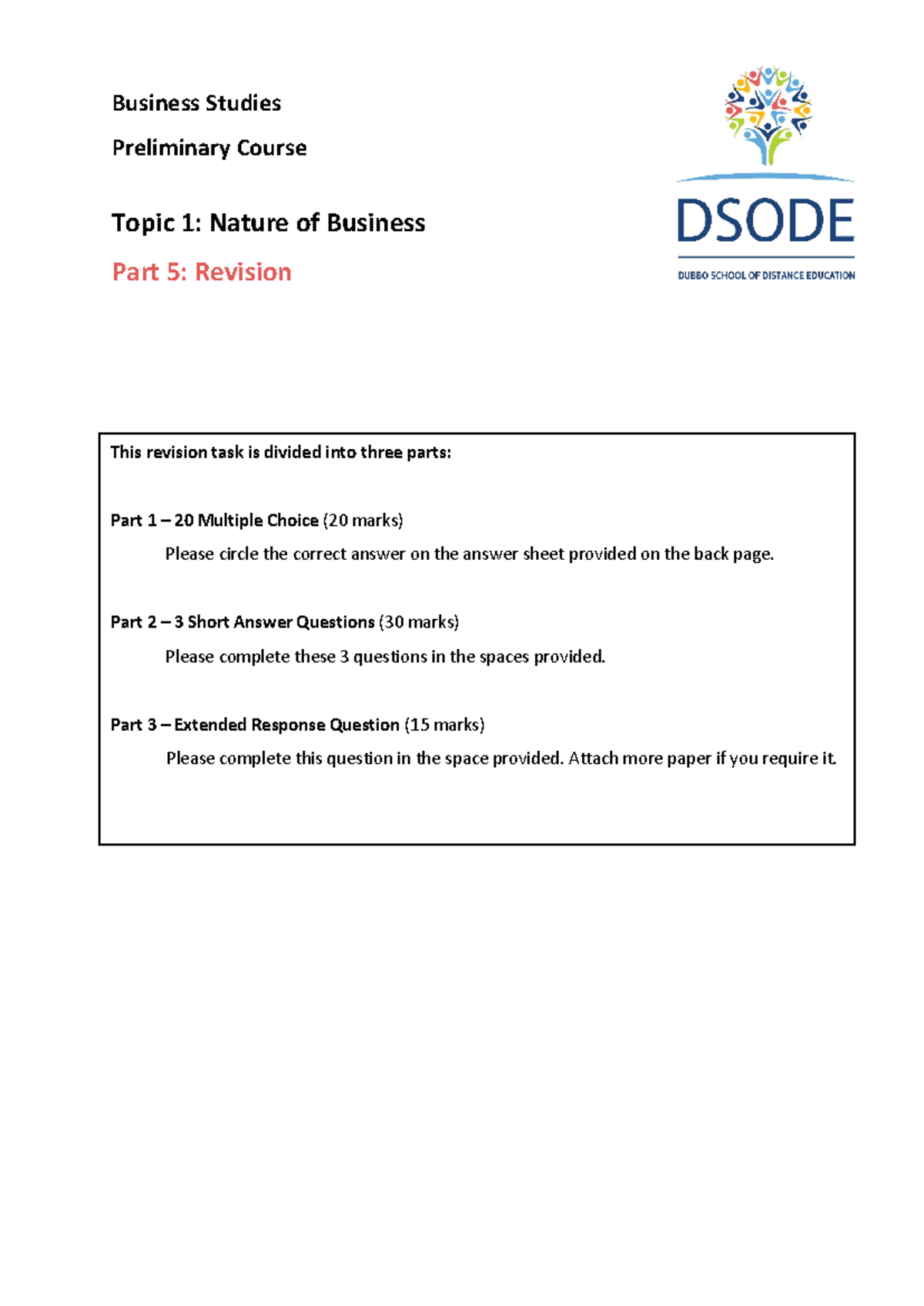 Business Studies Y11 Yearly Prelim Revision Practice Questions - Studocu