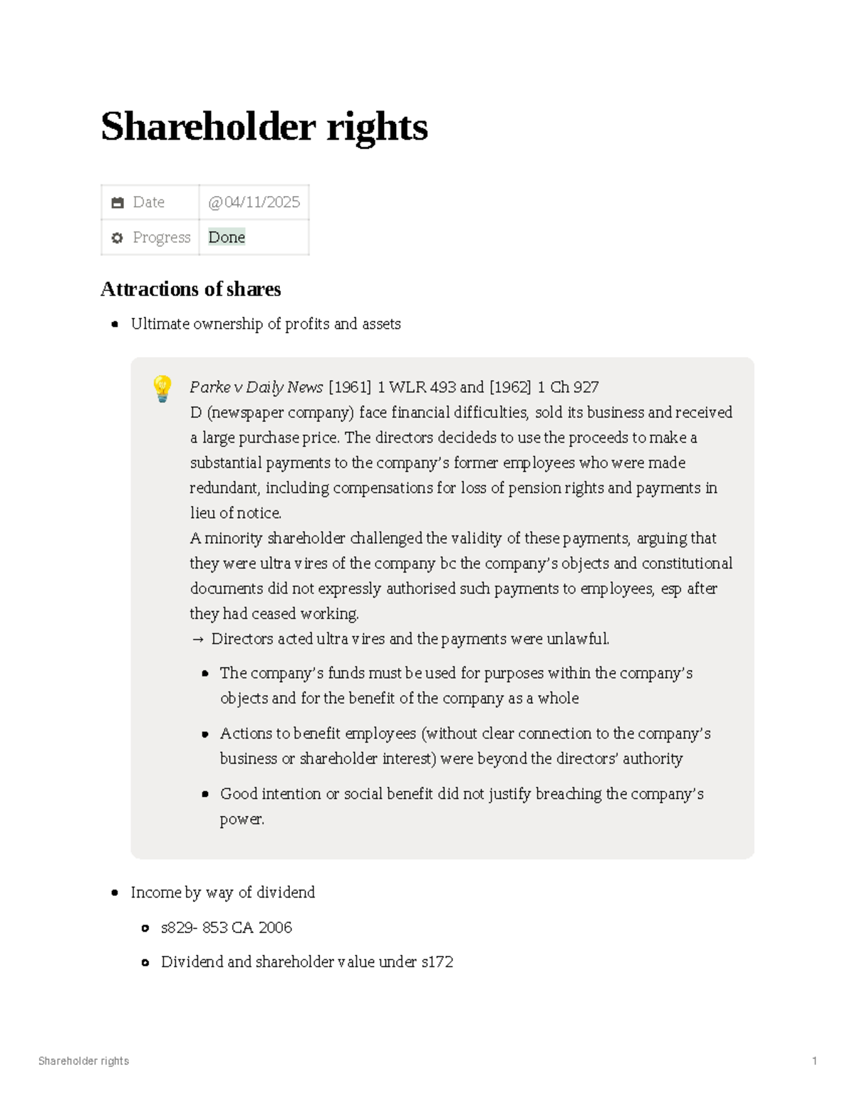 Shareholder Rights Overview: Key Cases and Legal Principles - Studocu