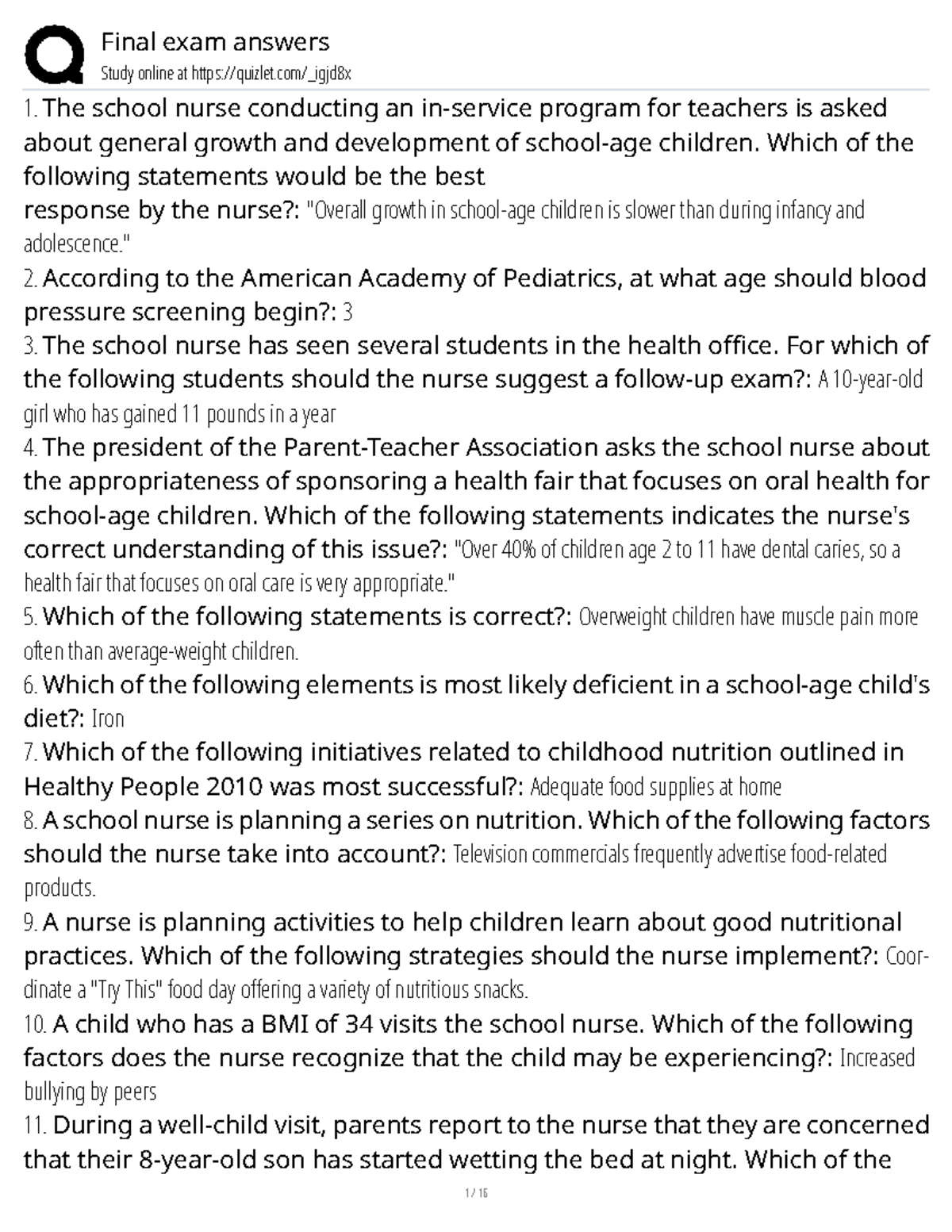 Final Exam Answers for School Nursing - Studocu