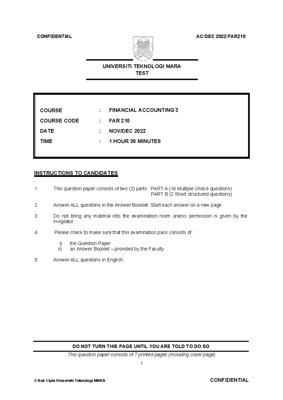 FAR 210 Final Exam: Financial Accounting 3 Question Paper (Dec 2022 ...