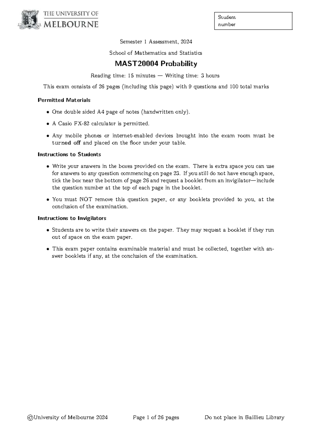 Probability Exam S1 2024 - School of Mathematics and Statistics - Studocu
