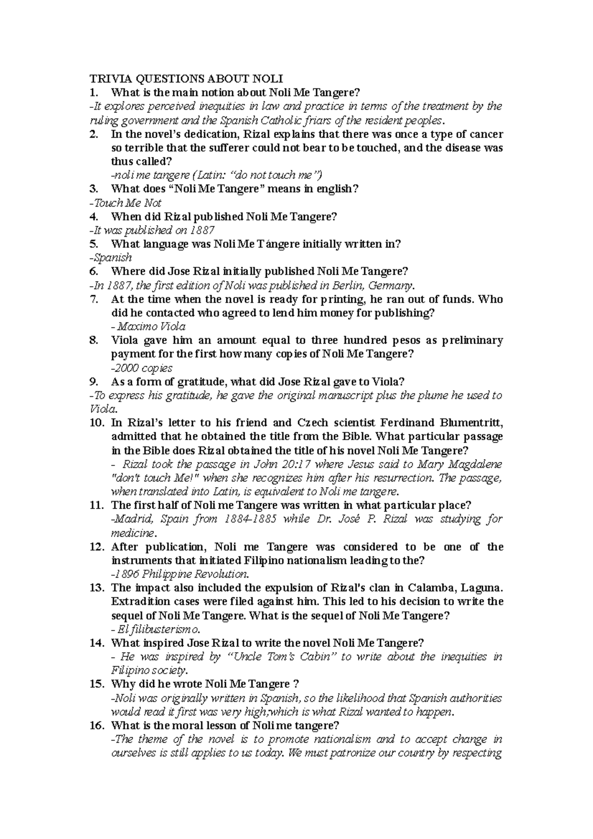 Trivia Questions and Answers on NOLI ME TANGERE - Studocu