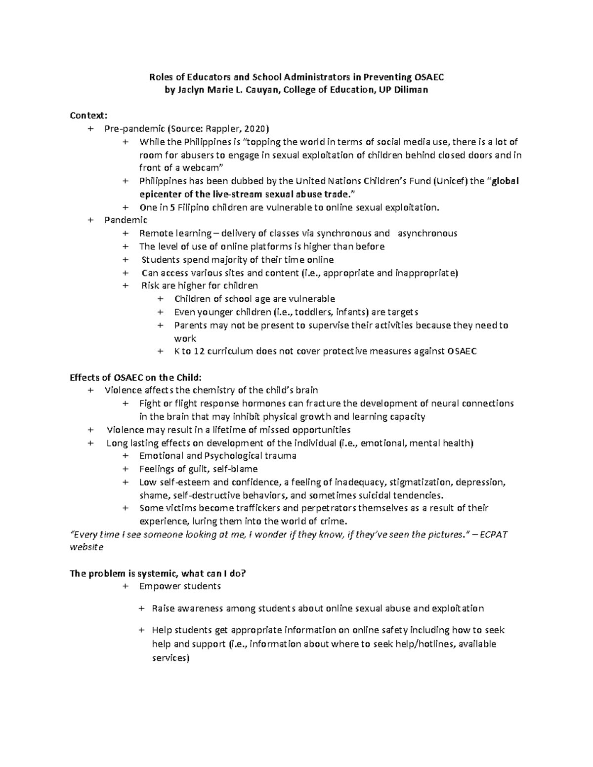 Educators and Admin Roles in OSAEC Prevention Handout (EDUC401) - Studocu