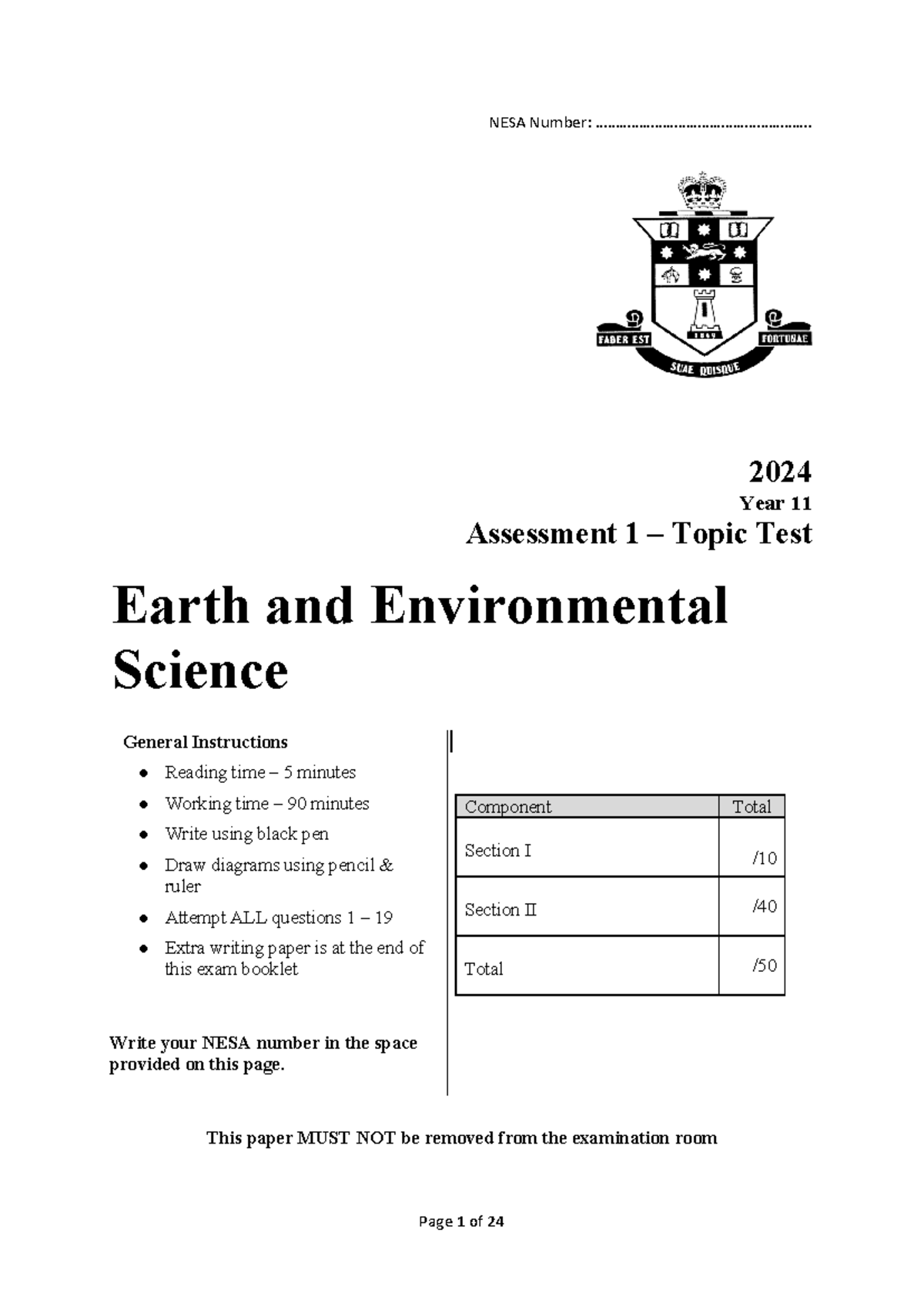 EES Year 11 2024 Assessment 1 Topic Test: Earth & Environmental Science ...