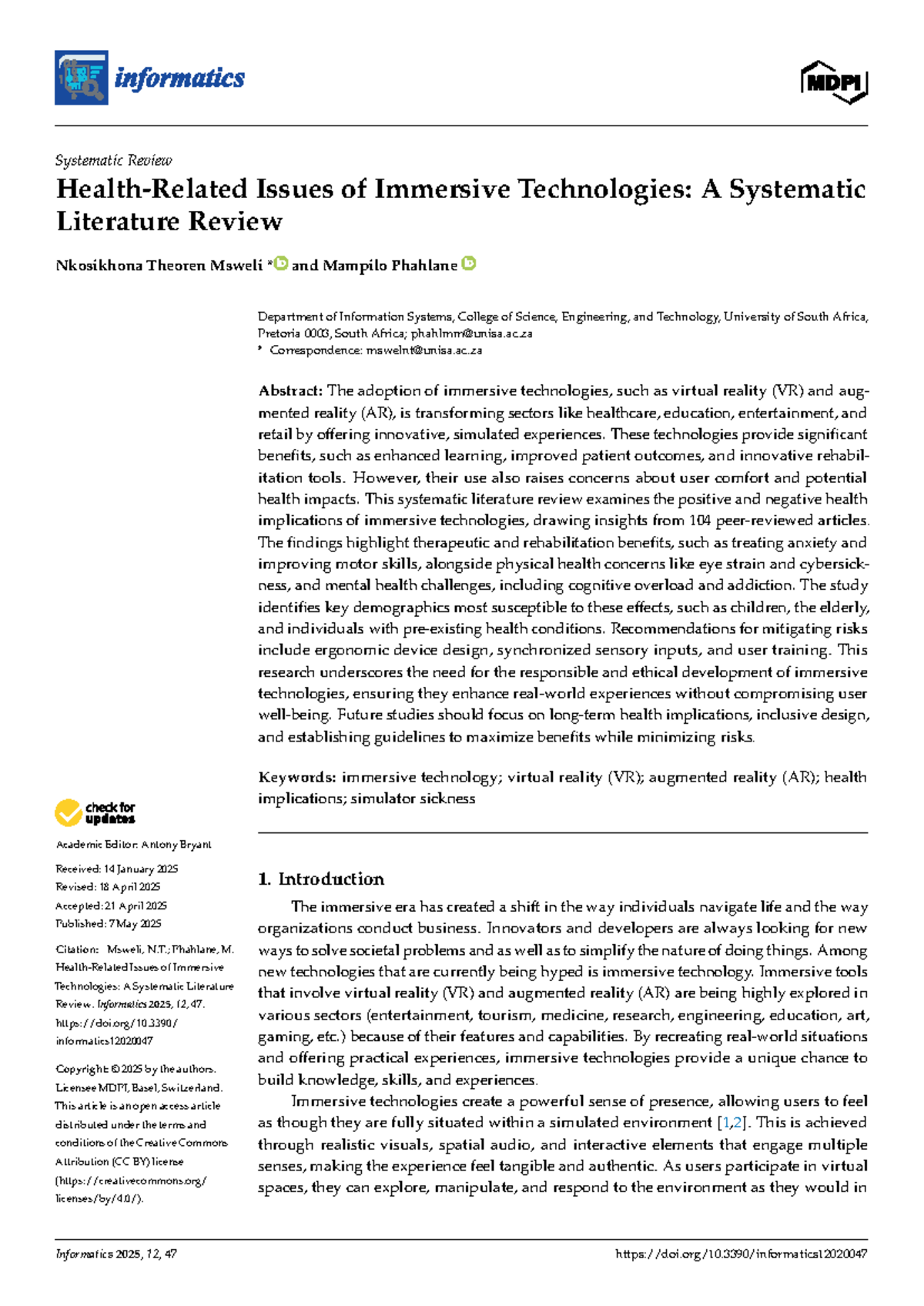 Informatics 2025: Systematic Review of Health Implications in Immersive ...
