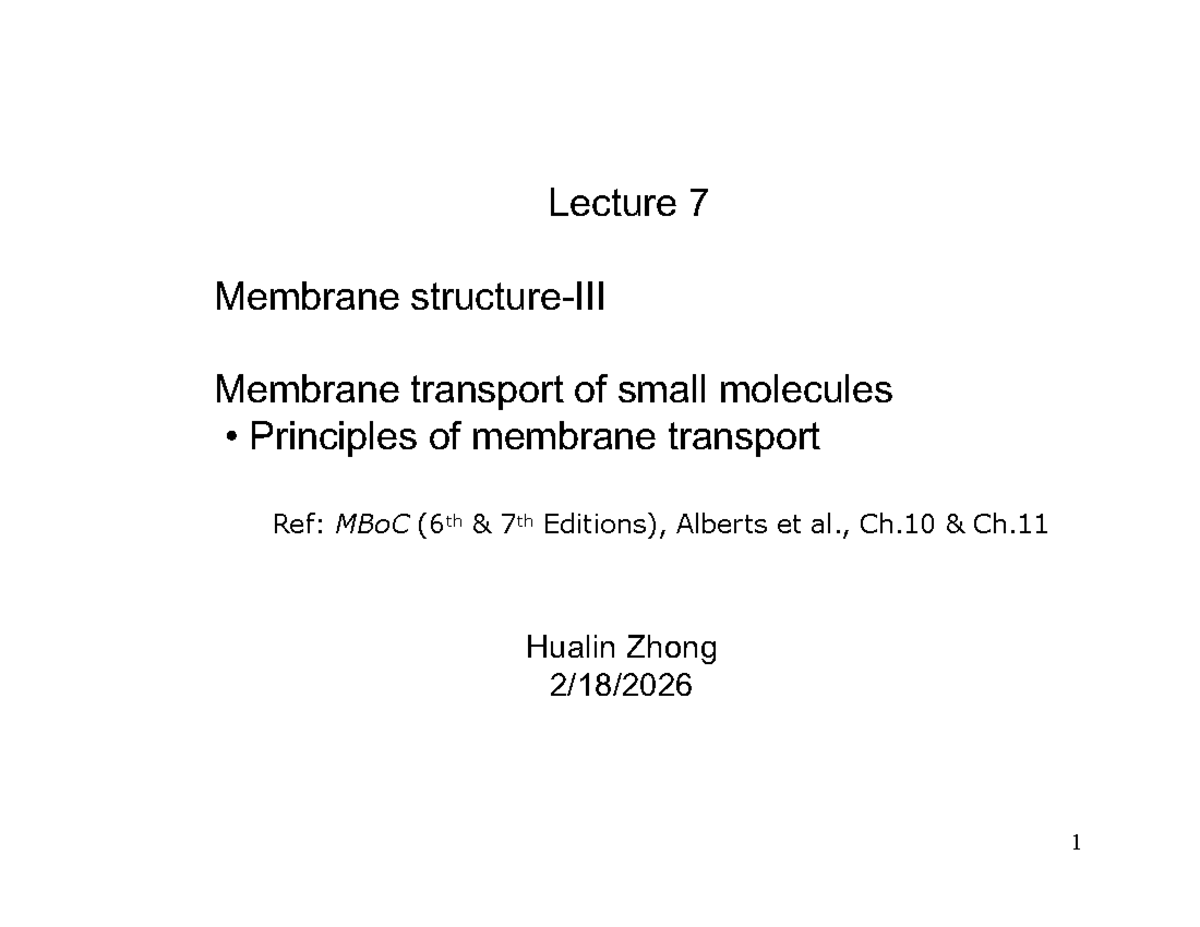 Bio 303 Lecture 7: Membrane Transport of Small Molecules - Studocu