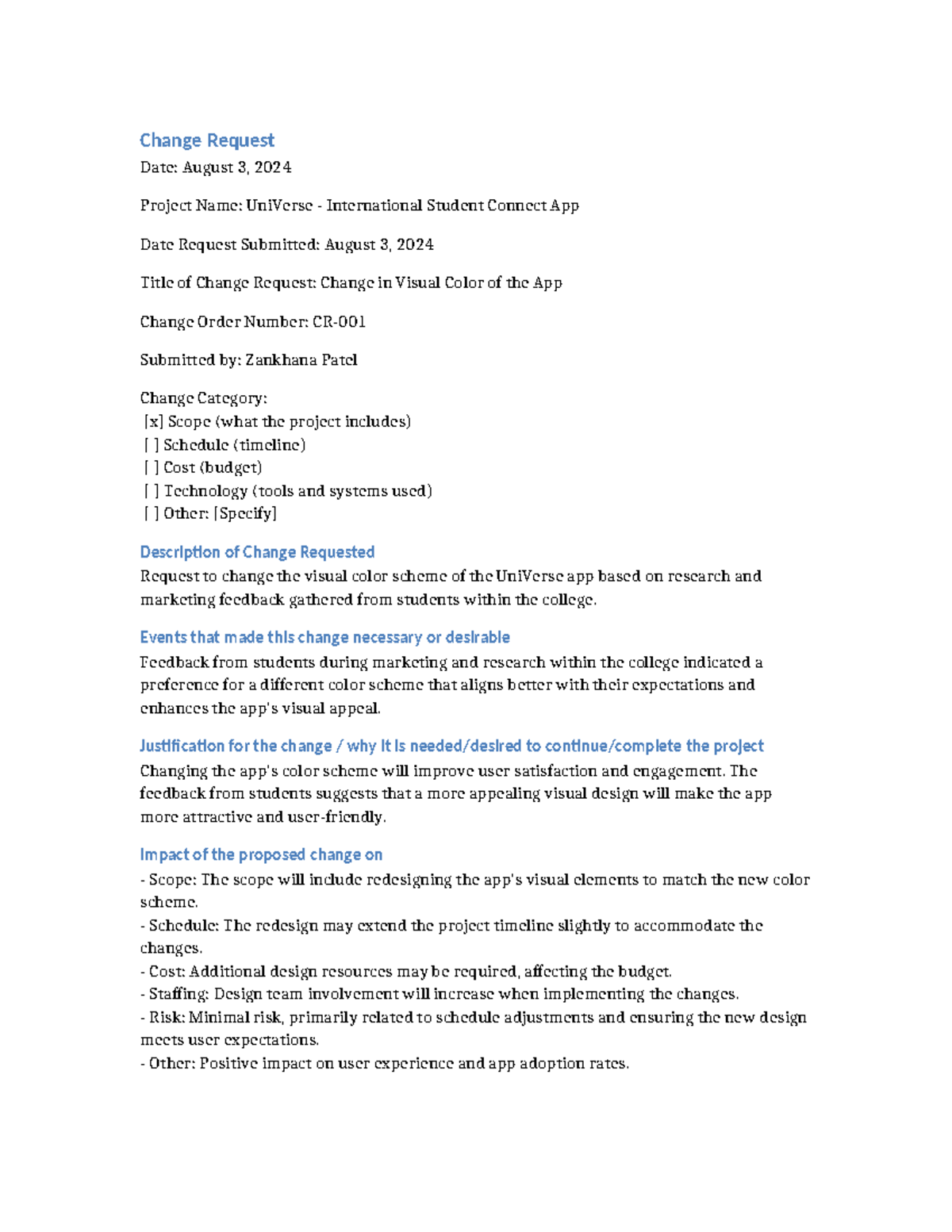 Template Change Request Uni Verse - Change Request Date: August 3, 2024 ...