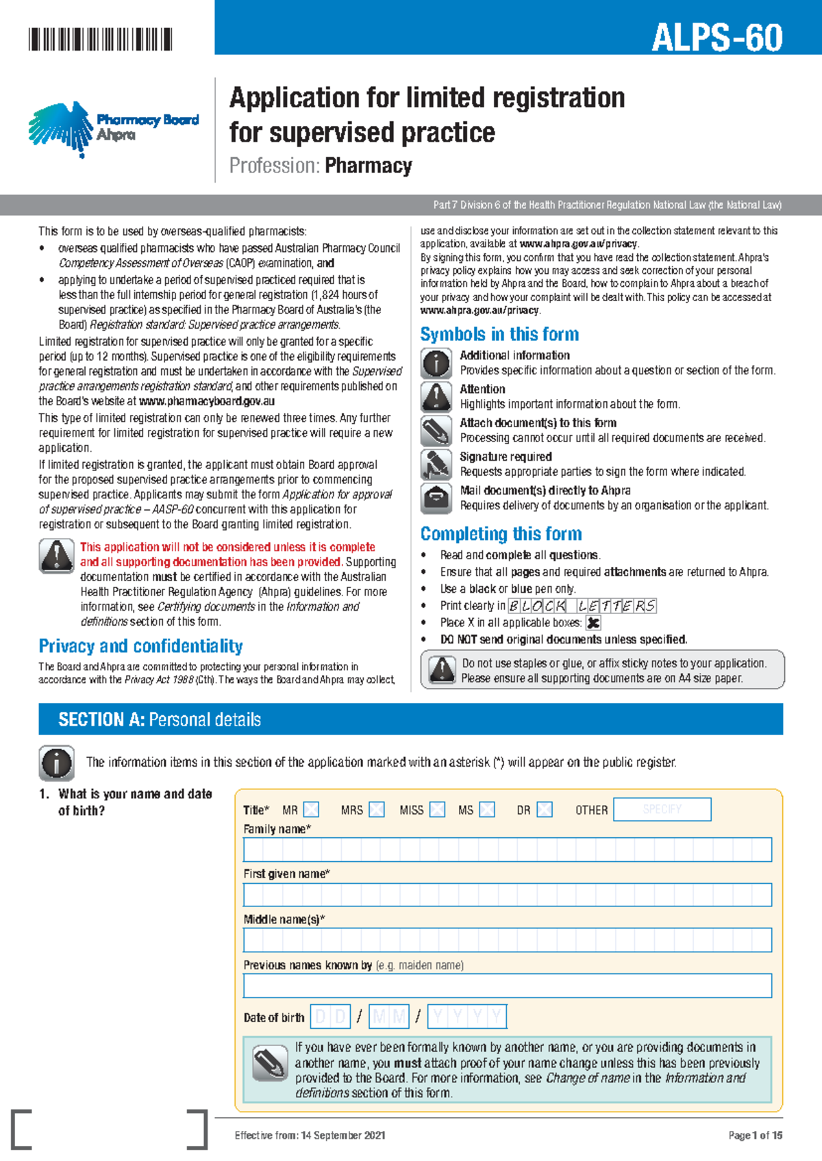 Application for limited registration for supervised practice ALPS 60 ...