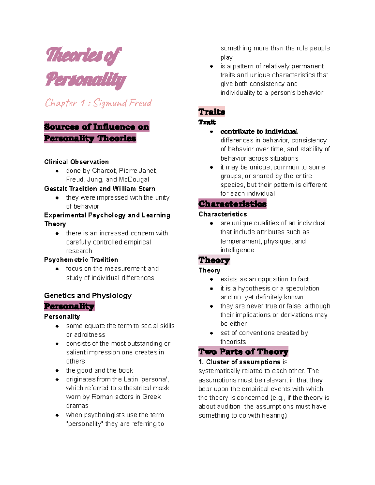 Theories of Personality (PSY101) - Chapter 1: Freud and Influences ...