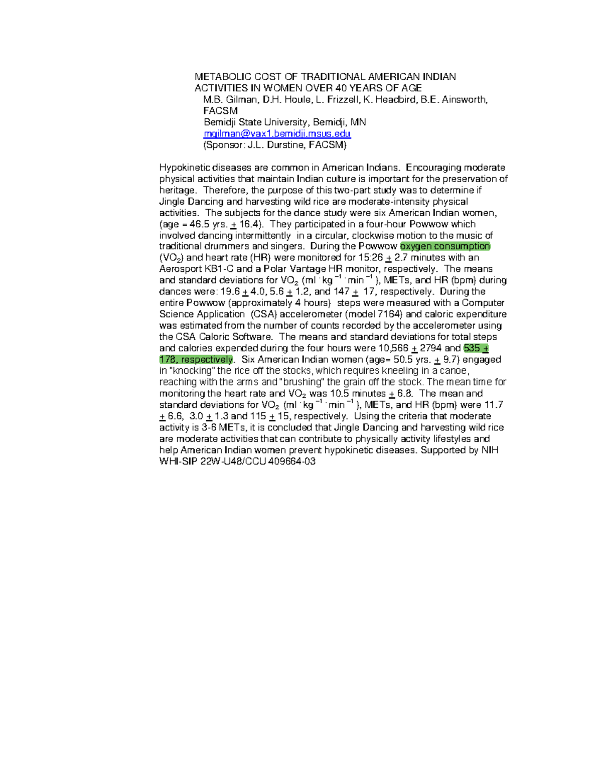METABOLIC COST OF JINGLE DANCING & RICE HARVESTING IN WOMEN (2000 ...