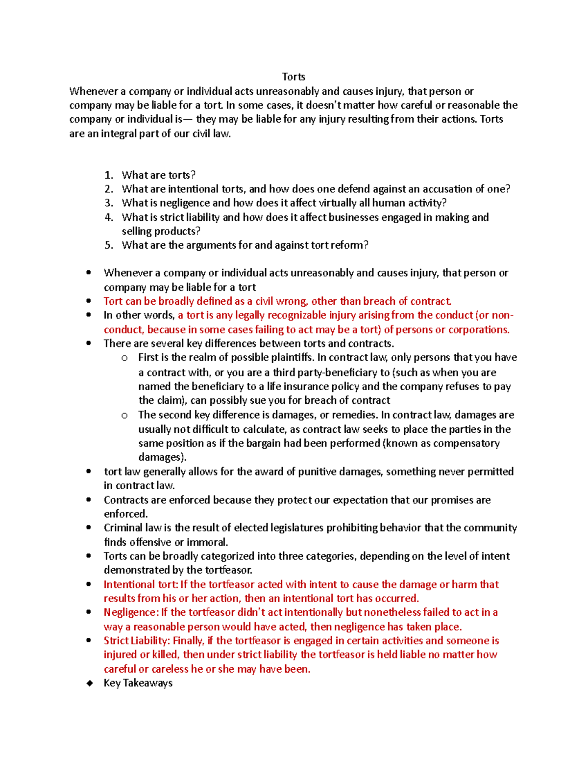Torts 101 - Lecture Notes on Intentional Torts and Negligence - Studocu