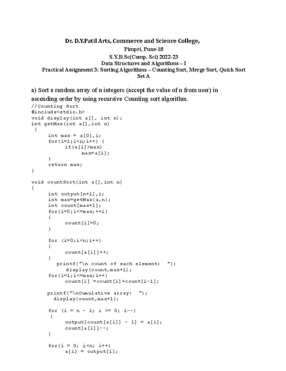 Assignment 3: Sorting Algorithms - Counting, Merge & Quick Sorts - Studocu