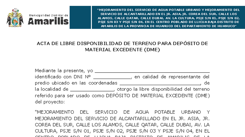 ACTA DE LIBRE DISPONIBILIDAD DE TERRENO PARA DME - Llicua - Studocu