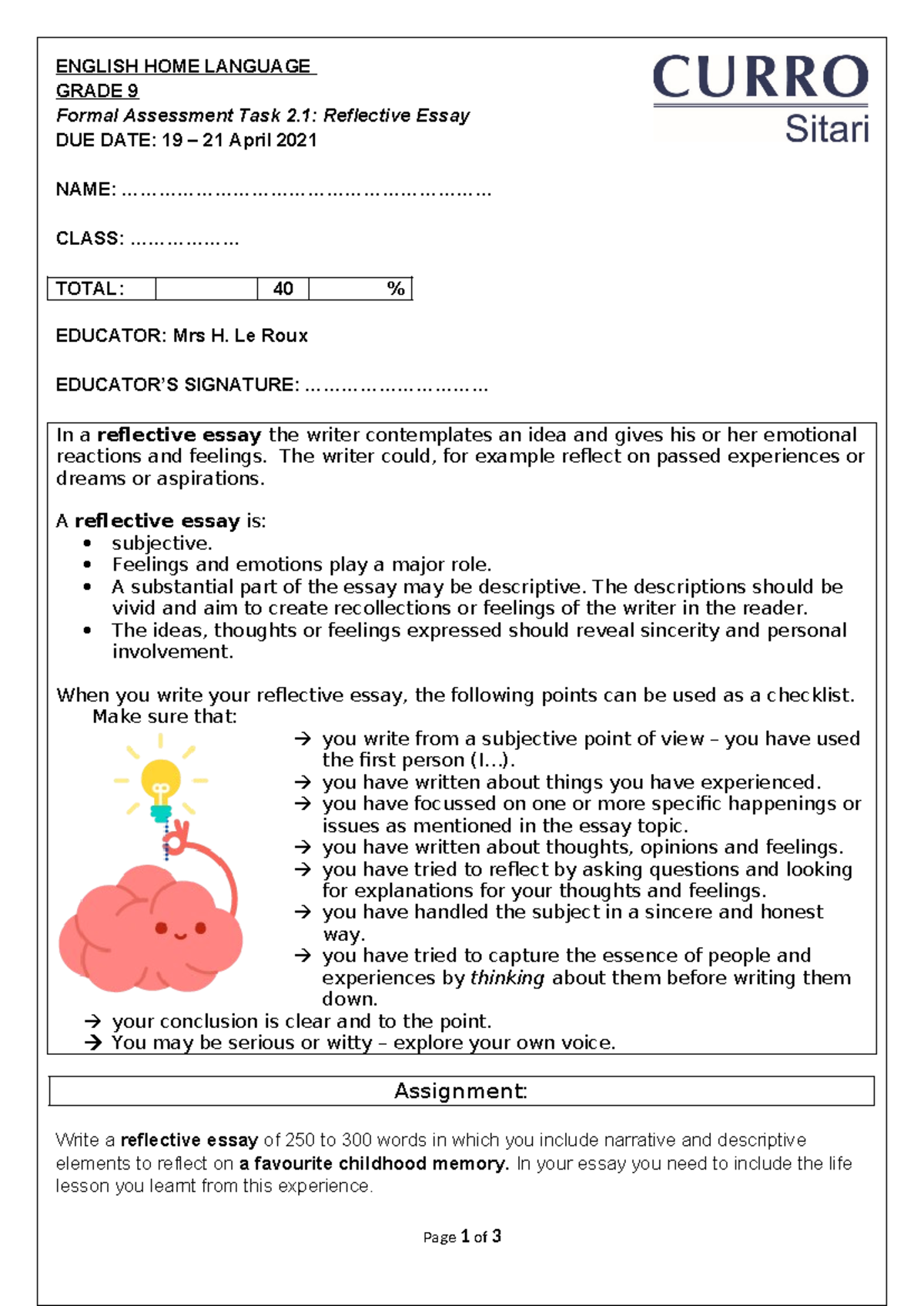 9 FAT 2.1 Reflective Essay Guidelines on Childhood Memory - Studocu