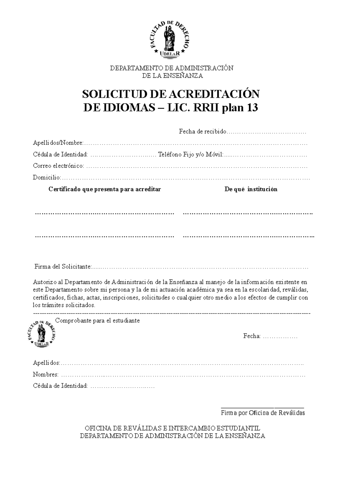 Solicitud de Acreditación de Idiomas - Lic. RRII Plan 13 - Studocu