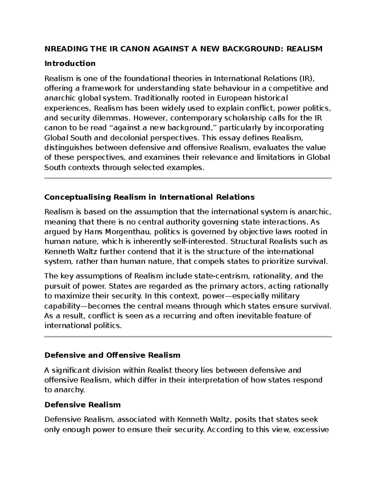 NREADING THE IR CANON: REALISM & GLOBAL SOUTH PERSPECTIVES - Studocu