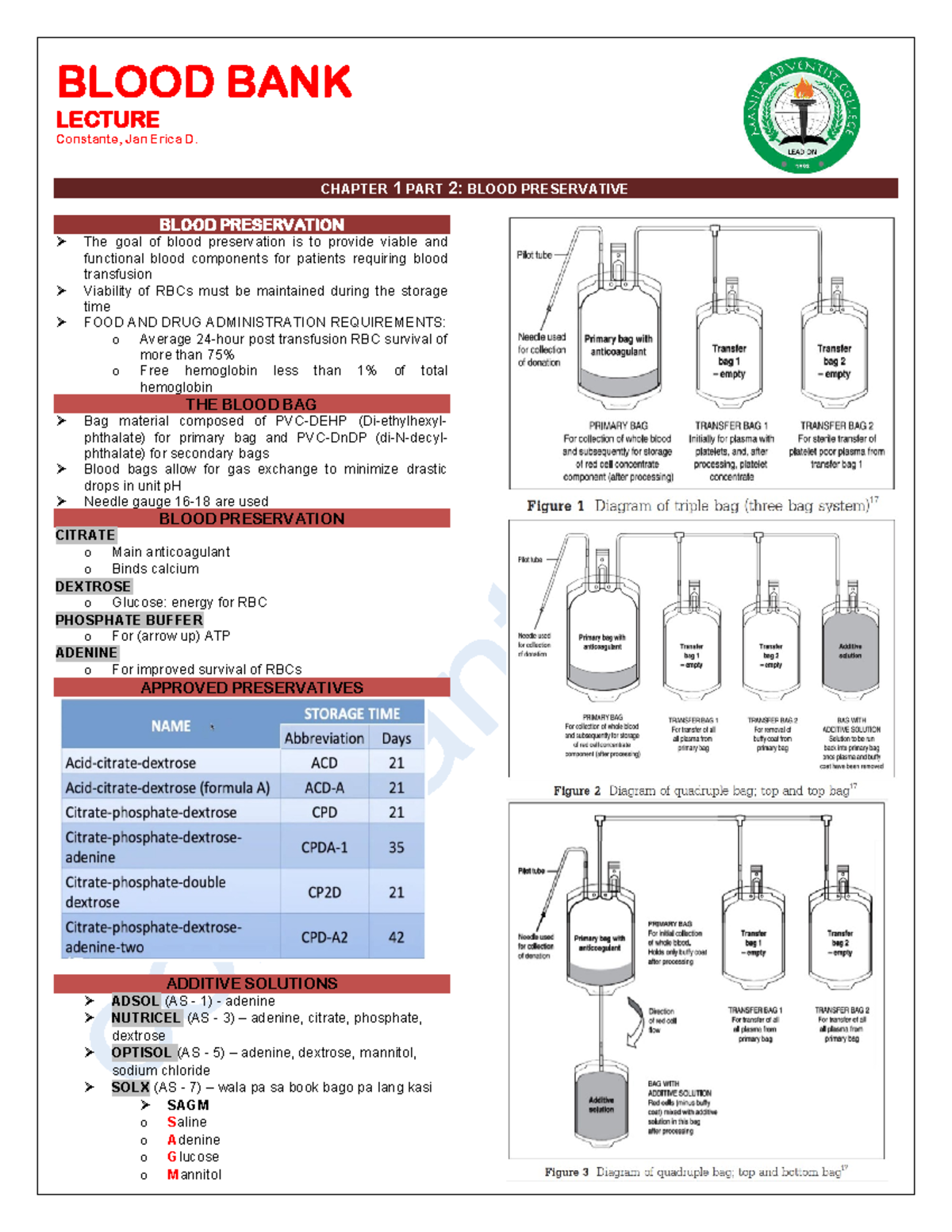 BB LECTURE CH 1 PART 2: BLOOD PRESERVATION & COMPONENTS - Studocu
