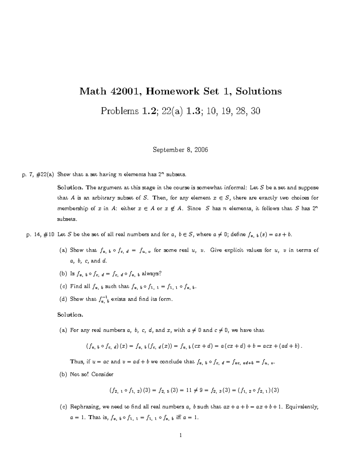 Homework 1 - Math 42001, Homework Set 1, Solutions Problems1; 22(a) 1 ...