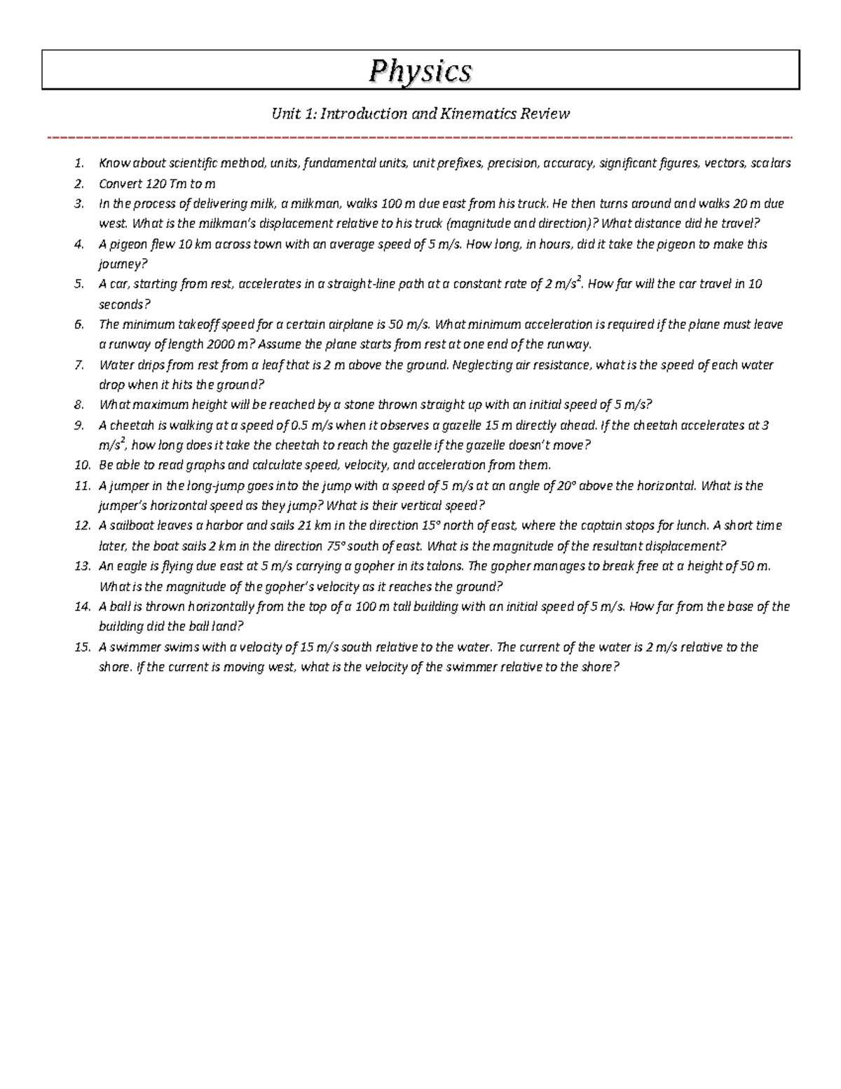Physics Semester 1 Review (1-3, 5-6) - PPhhyyssiiccss Unit 1 ...