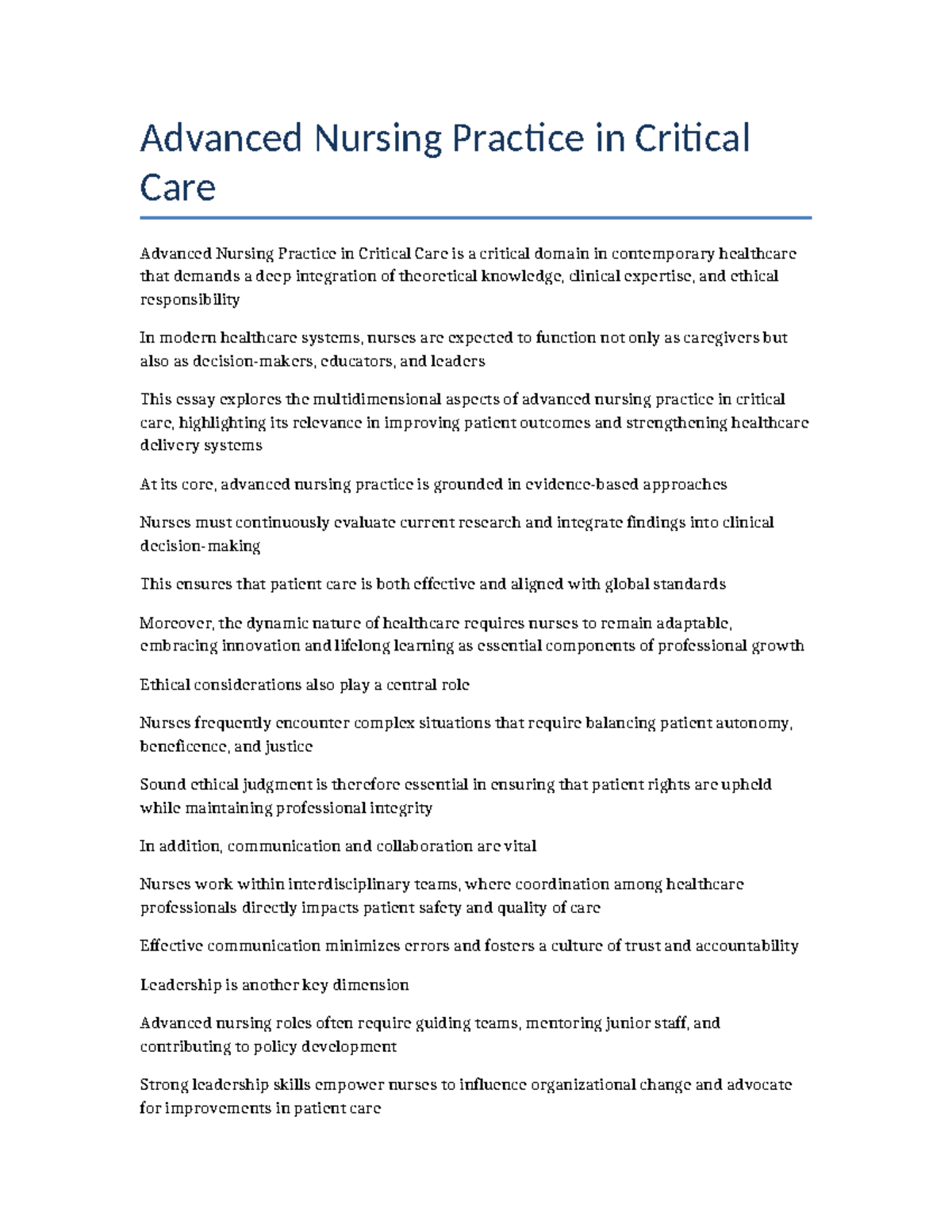 Essay 1: Advanced Nursing Practice in Critical Care Insights - Studocu