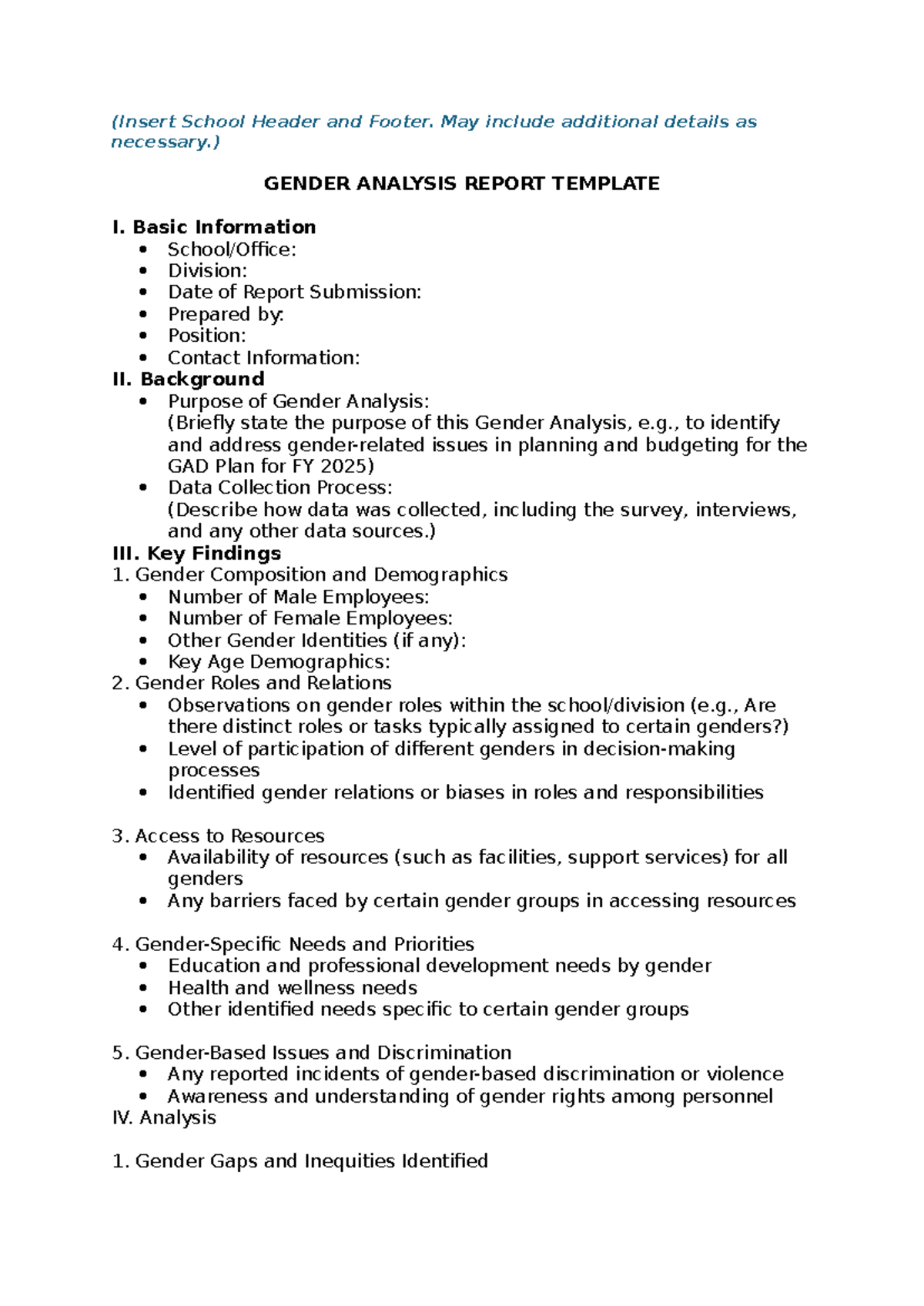 School Gender Analysis Report Template - (Insert School Header and ...