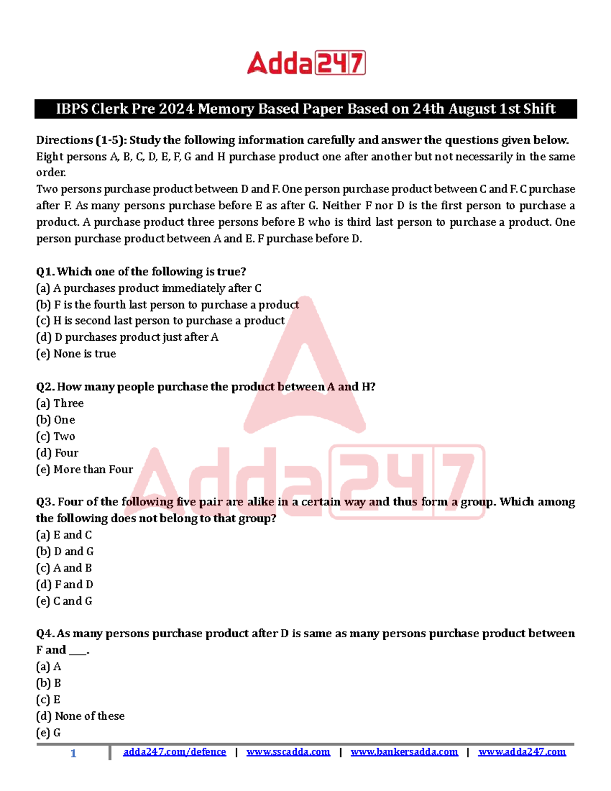 IBPS Clerk Pre 2024 Memory Based Question Paper - 24th Aug 1st Shift ...
