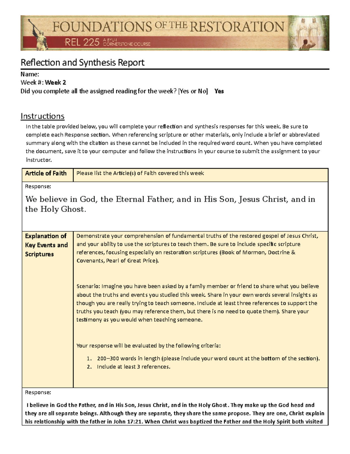 Reflection for Week 2: Synthesis and Application in Faith - Studocu