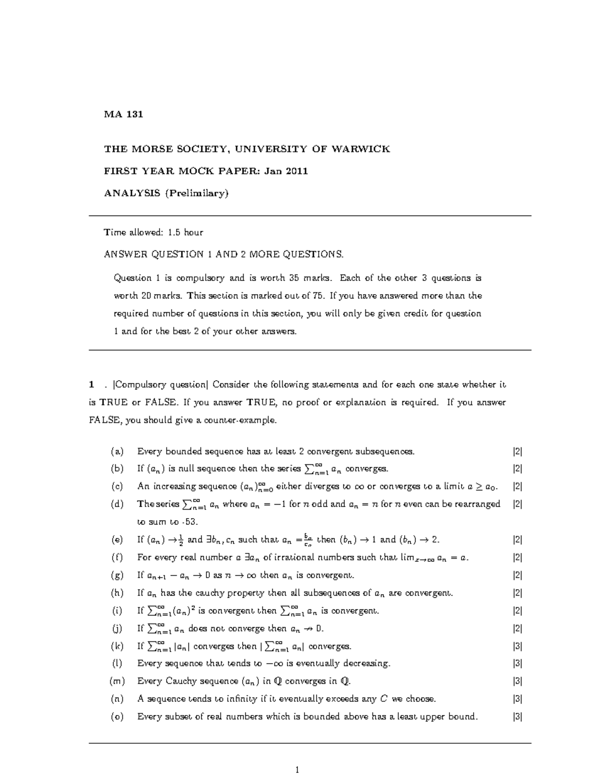 MA 131 Final Exam Sample Paper - January 2011 Questions - Studocu