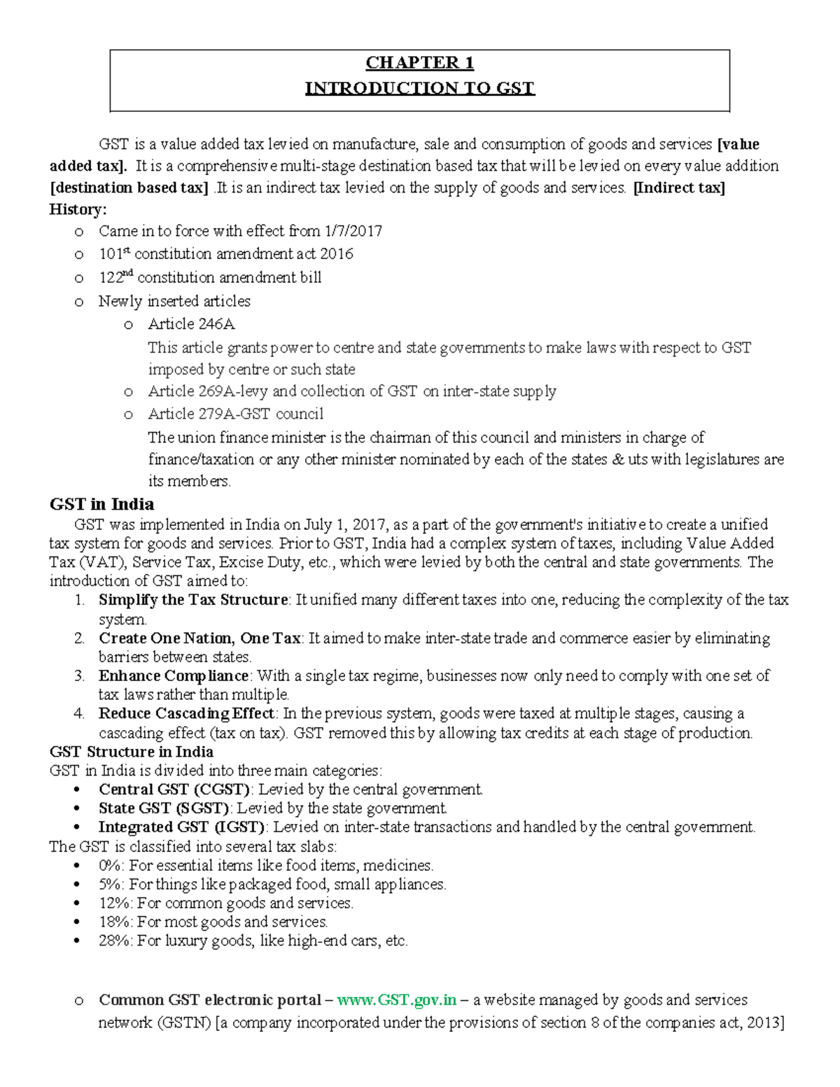 CHAPTER 1: INTRODUCTION TO GST - Key Concepts and Structure - Studocu