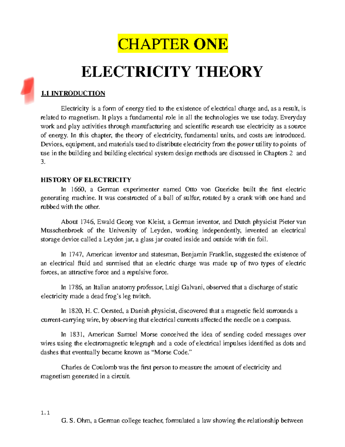 CHAPTER 1: INTRODUCTION TO ELECTRICITY THEORY AND FUNDAMENTALS - Studocu