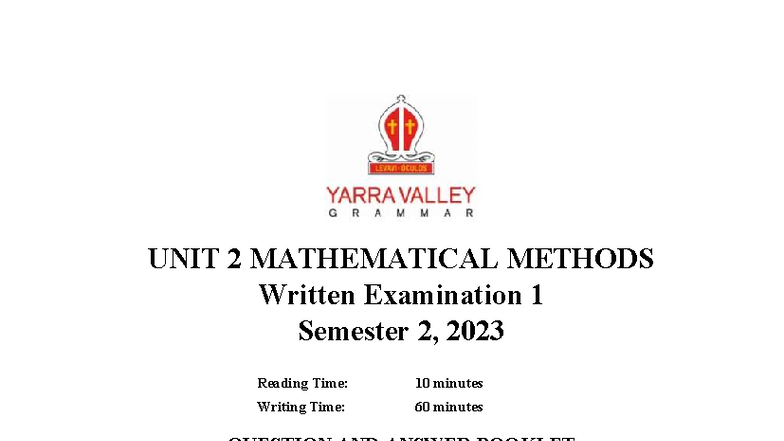 2023 11MET Unit 2 Mathematical Methods Exam 1 (Final) - Studocu