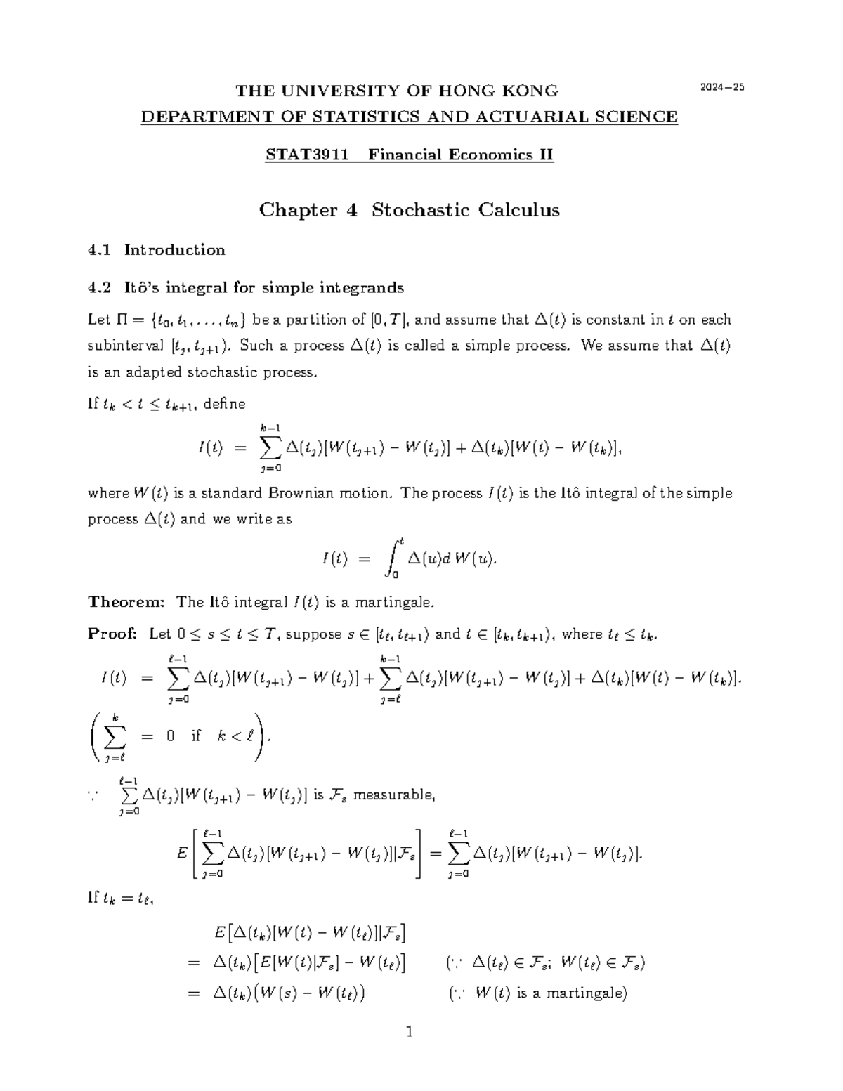 STAT3911 Financial Economics II Chapter 4: Stochastic Calculus Insights ...