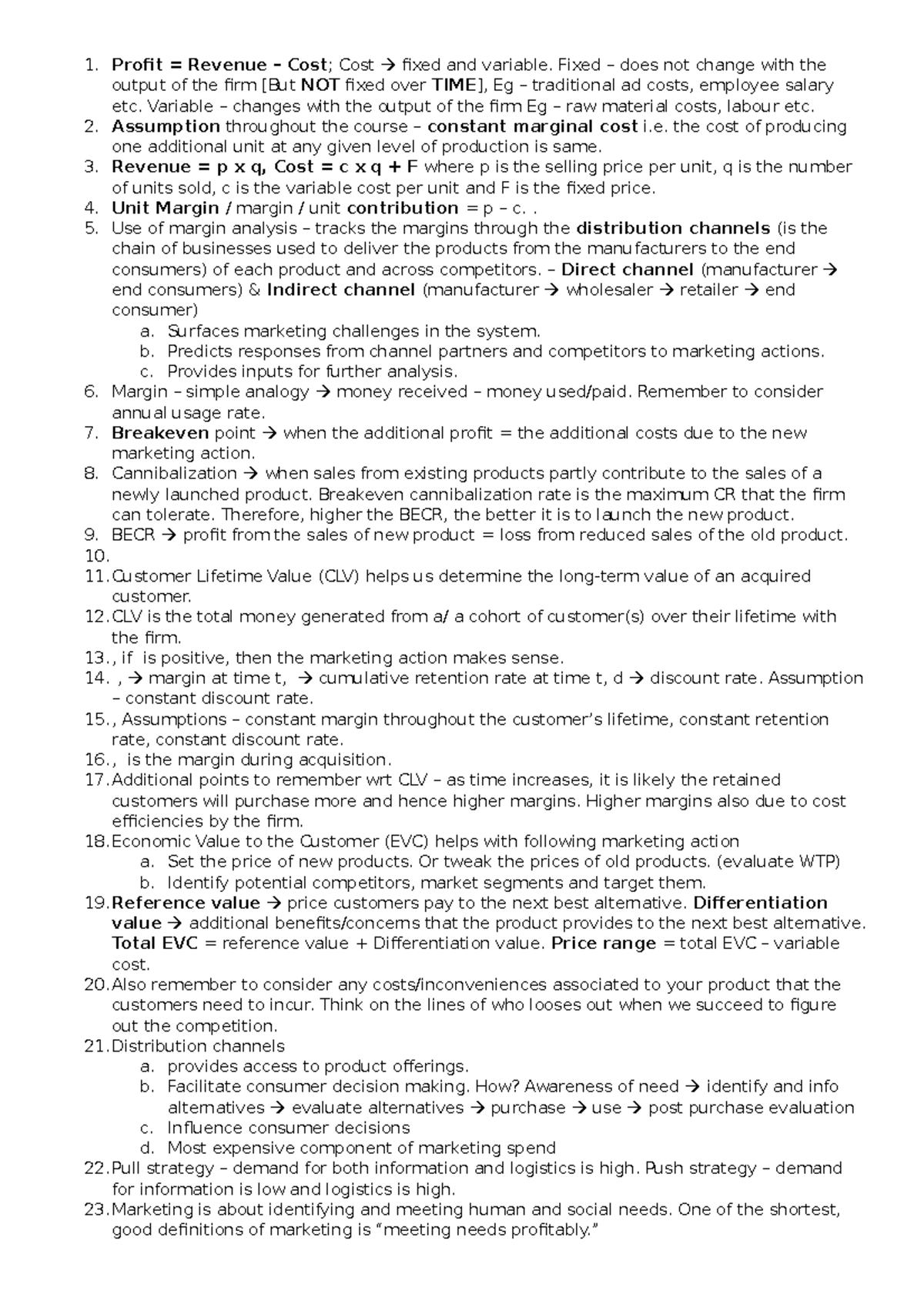 Marketing Exam Notes v1: Key Concepts in Profit, Cost, and CLV - Document Preview