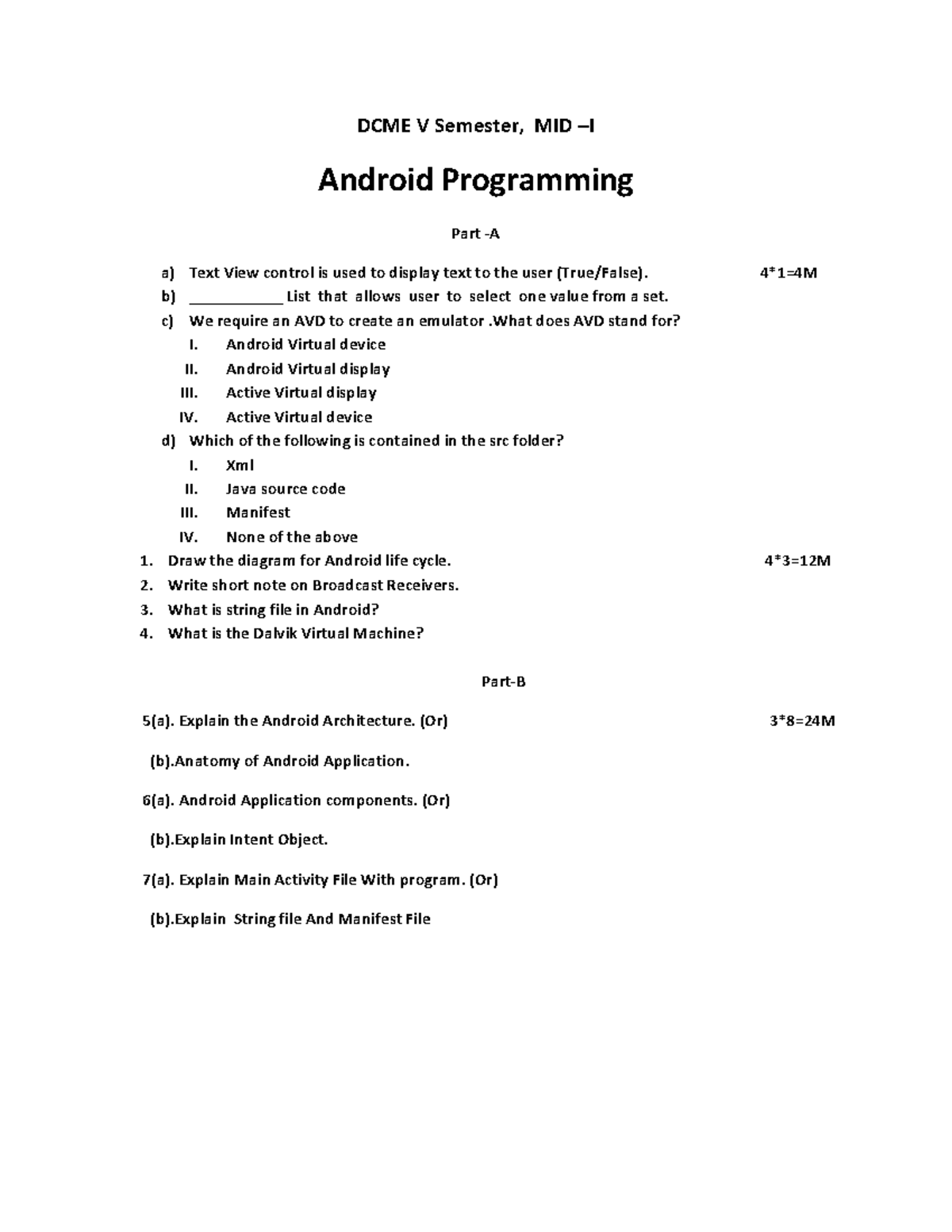 DCME V Sem, MID Android Programming: Key Concepts & Questions - Studocu