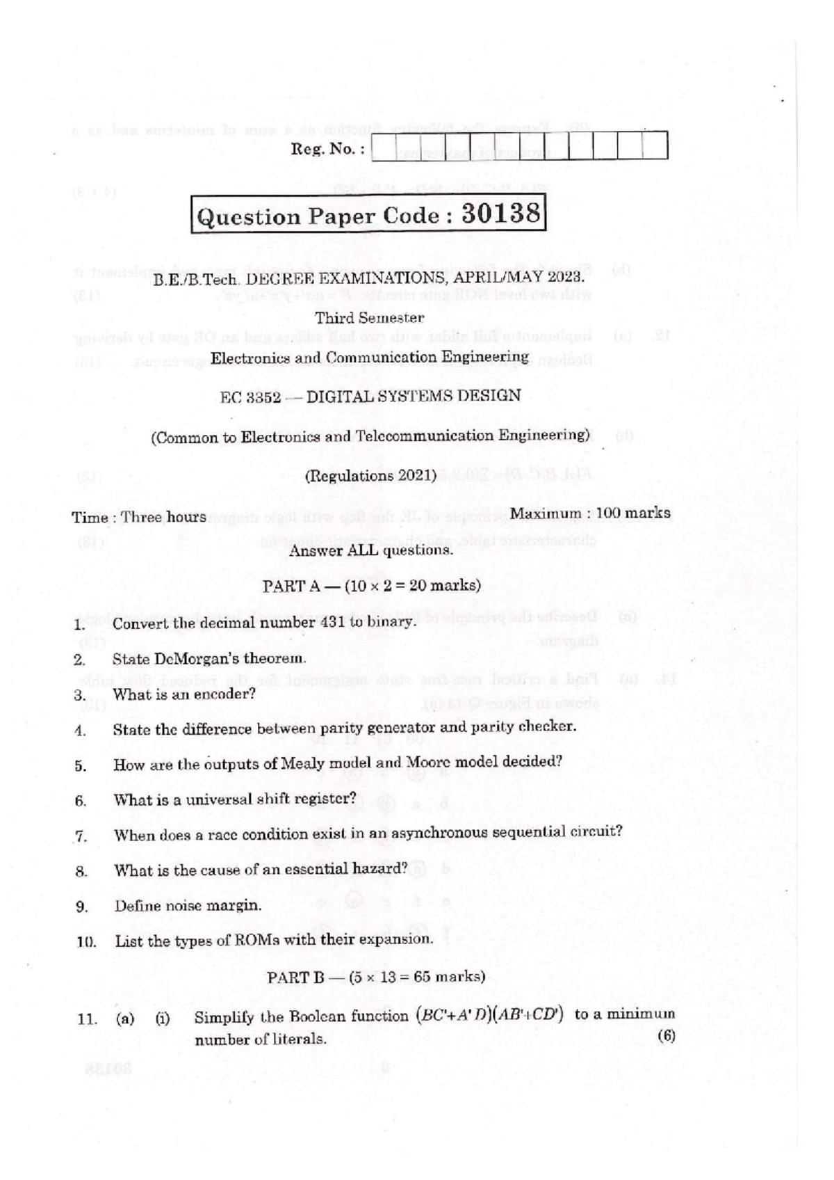 EC 3352 Digital Systems Design - Degree Exam QP 2023 - Studocu