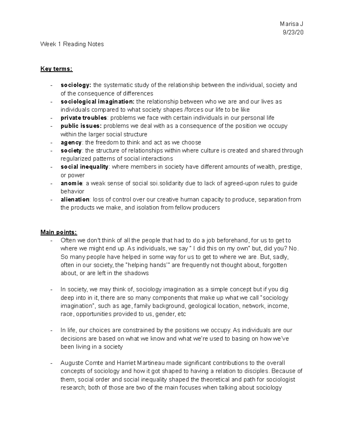 Sociology WItt 101: Week 1 Reading Notes and Key Concepts - Studocu