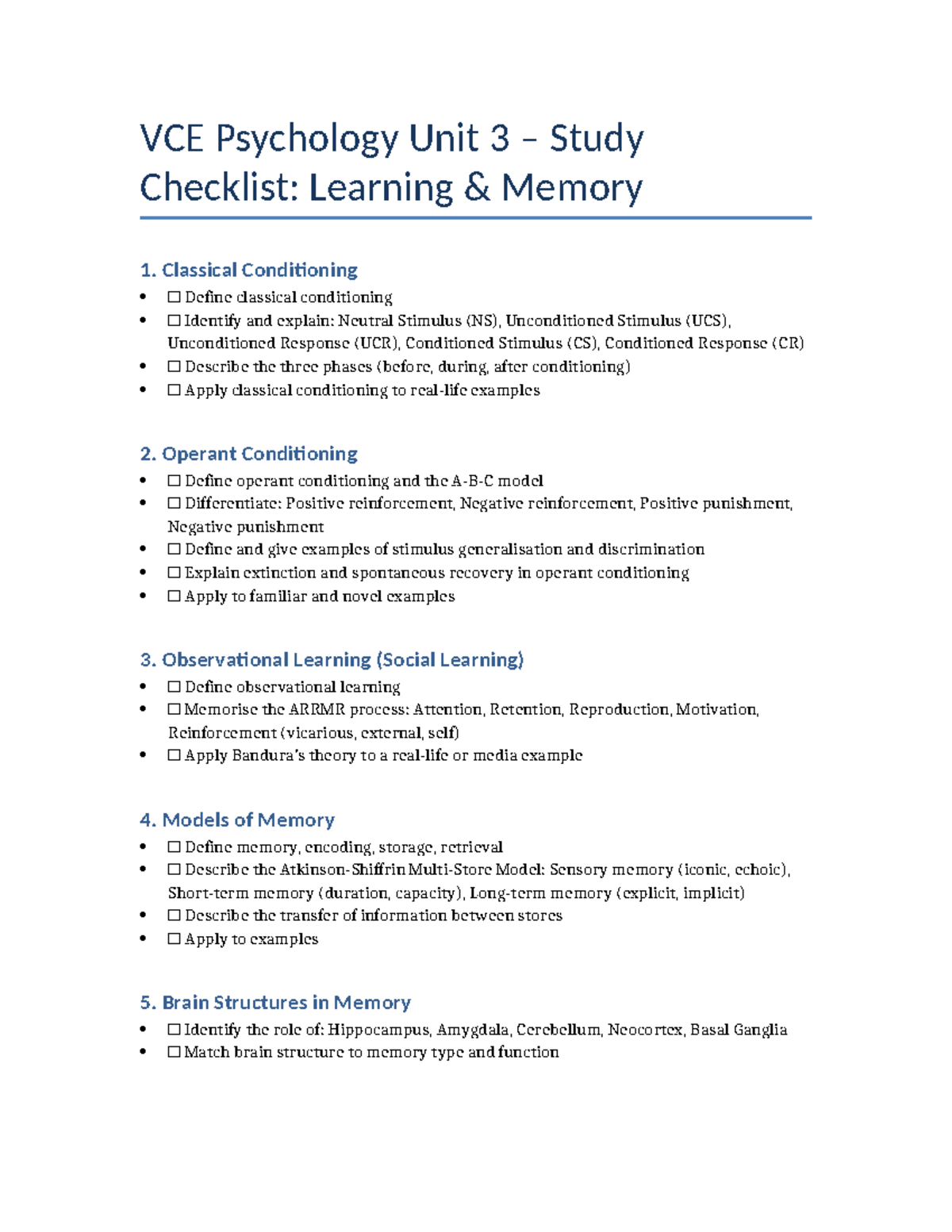 VCE Psychology Unit 3 Study Checklist: Learning & Memory Concepts - Studocu