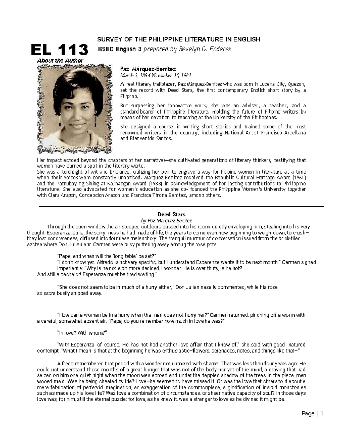 EL 113 FINAL EXAM NOTES: DEAD STARS by Paz Marquez-Benitez - Studocu