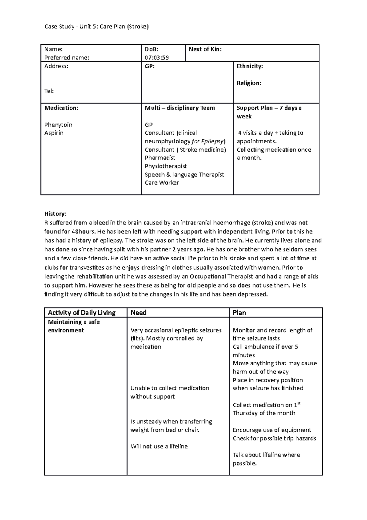Unit 5 Case Studies: Comprehensive Care Plans Overview - Studocu