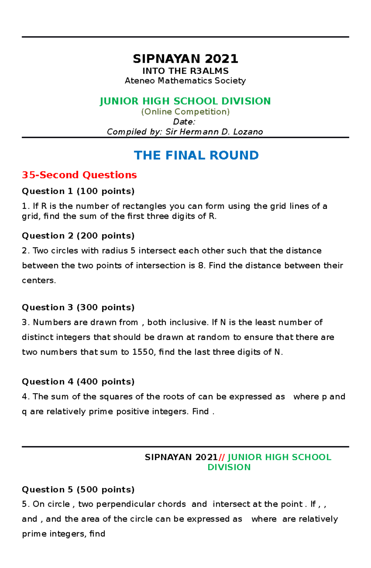 SIPNAYAN 2021 - Junior High School Math Quiz Questions & Answers - Studocu