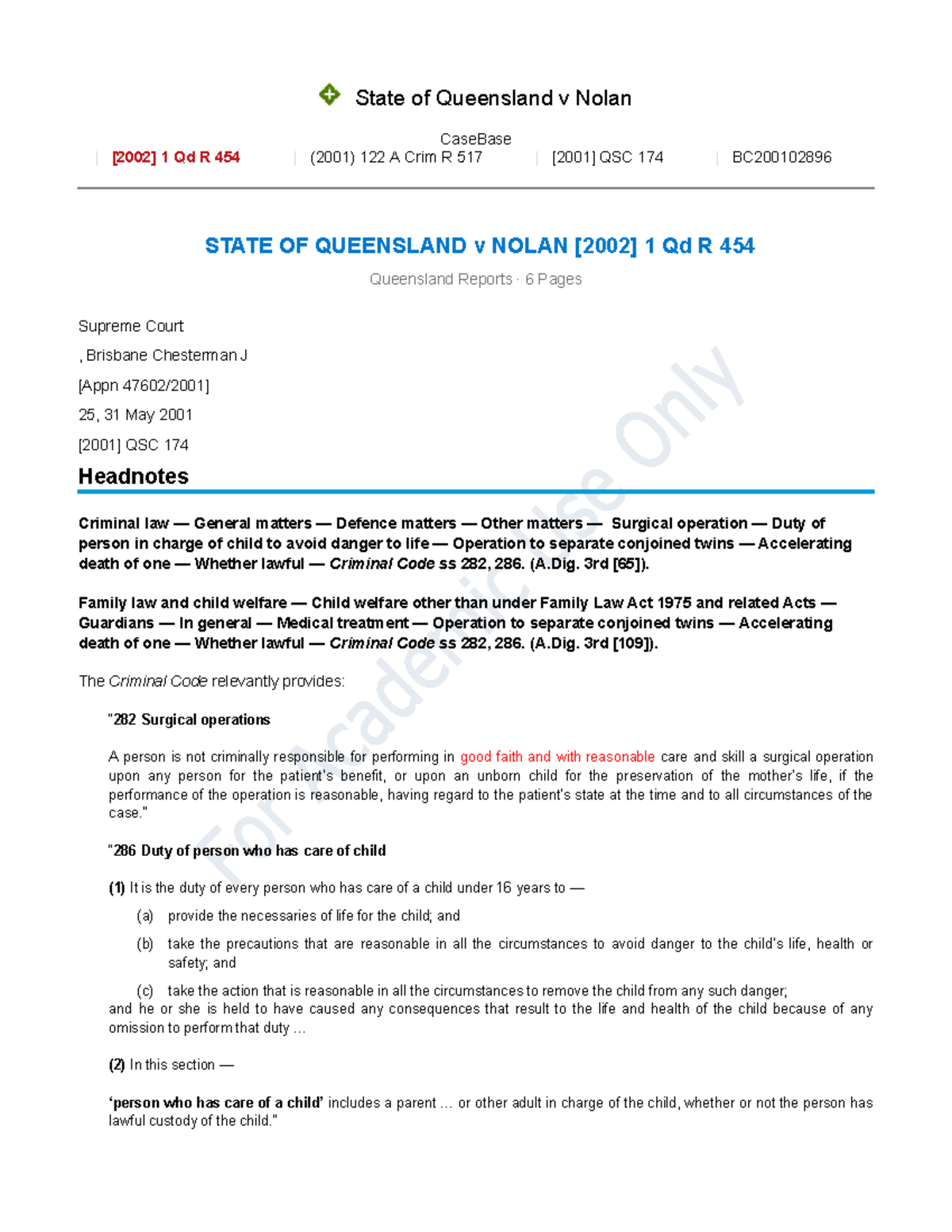 State of Queensland v Nolan: Legal Justification for Surgical ...