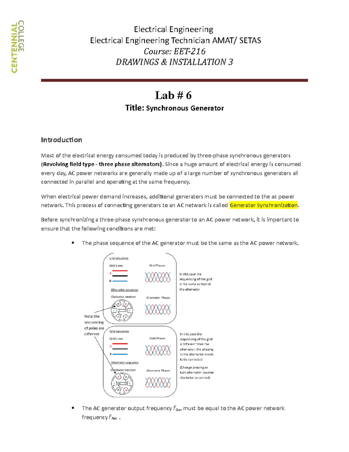 EET-216 W7 LAB # 6 - Synchronous Generator - Electrical Engineering ...