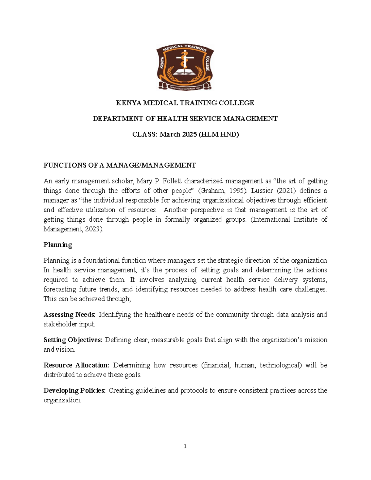 Functions of Management in Health Service Administration (HLM HND ...